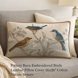 Pottery Barn Embroidered Birds Lumbar Pillow Cover 16x26” Cotton Nature Aviary